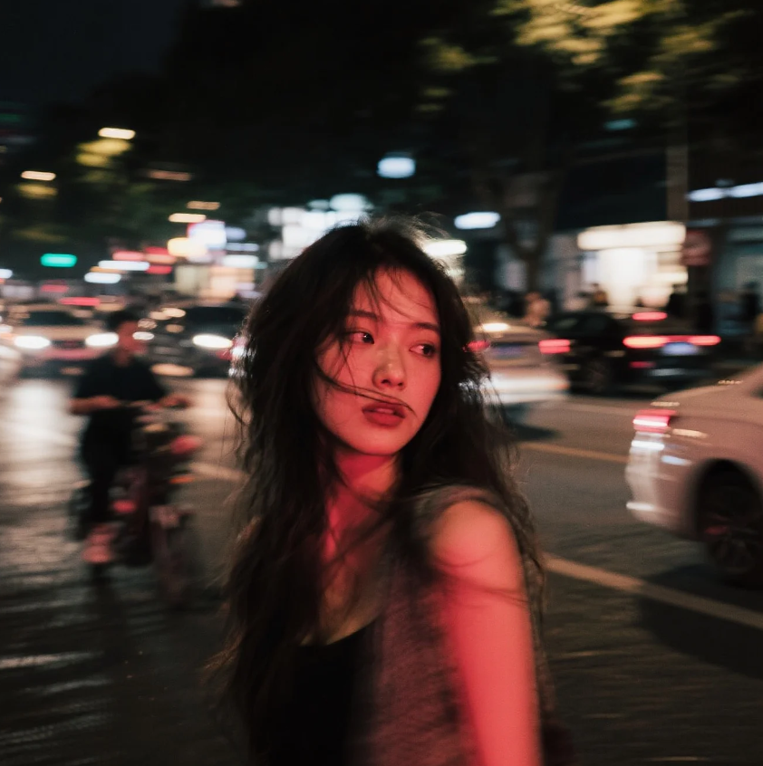 提示词：街头前卫女孩儿人像及街上拖影穿梭的人流车流场景