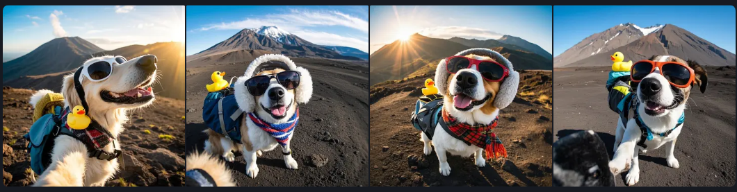 一只带着墨镜狗戴着围巾和毛绒耳罩，站在火山地上微笑自拍-图片2