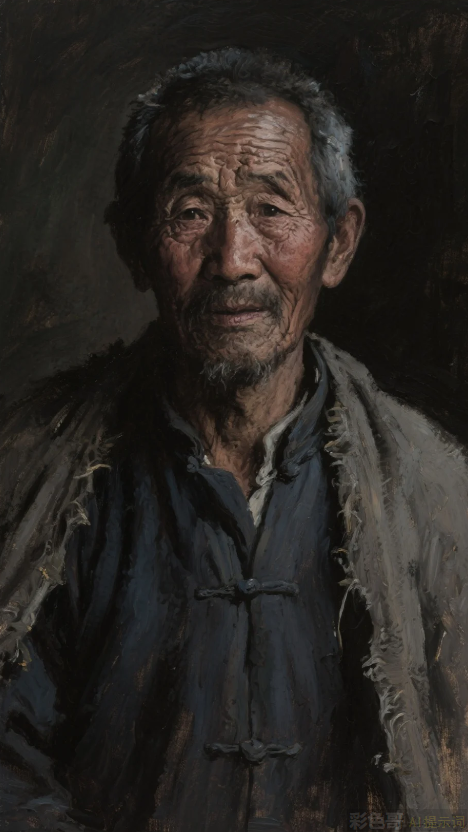 典型的老农民脸庞黝黑而沧桑，布满皱纹，朴实勤劳吃苦耐劳，油画写实风格暗黑