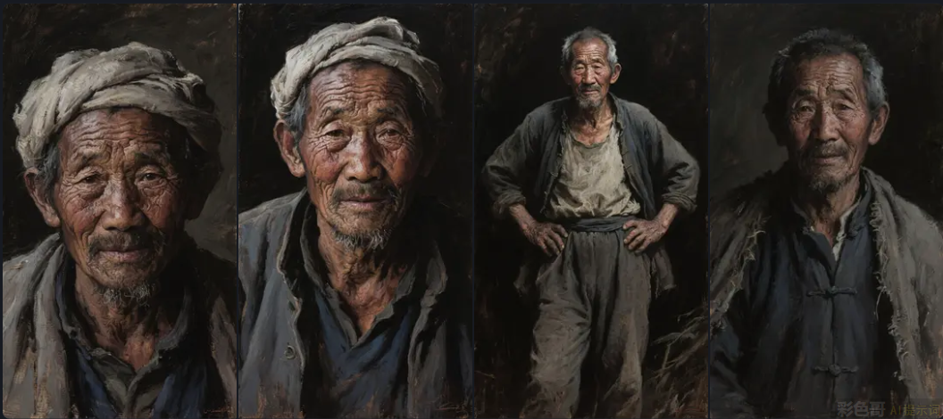 典型的老农民脸庞黝黑而沧桑，布满皱纹，朴实勤劳吃苦耐劳，油画写实风格暗黑-图片2