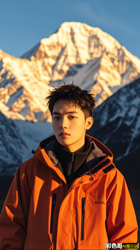 亚洲单眼皮男生，雪山背景，日照金山。