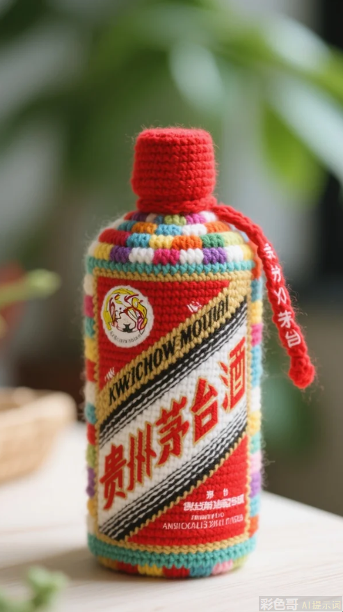 一个用各色毛线编织成的茅台酒瓶