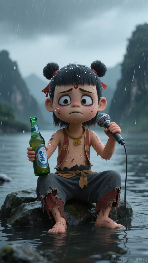 孩童哪吒造型，左手手持雪花啤酒酒瓶，坐于水边礁石