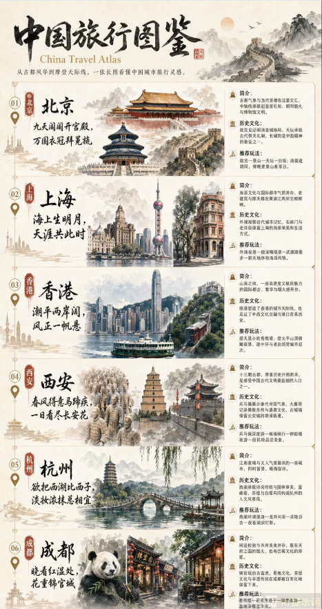 中国旅游主题海报，包含北京、上海、香港至少 6 个城市的多个经典景点